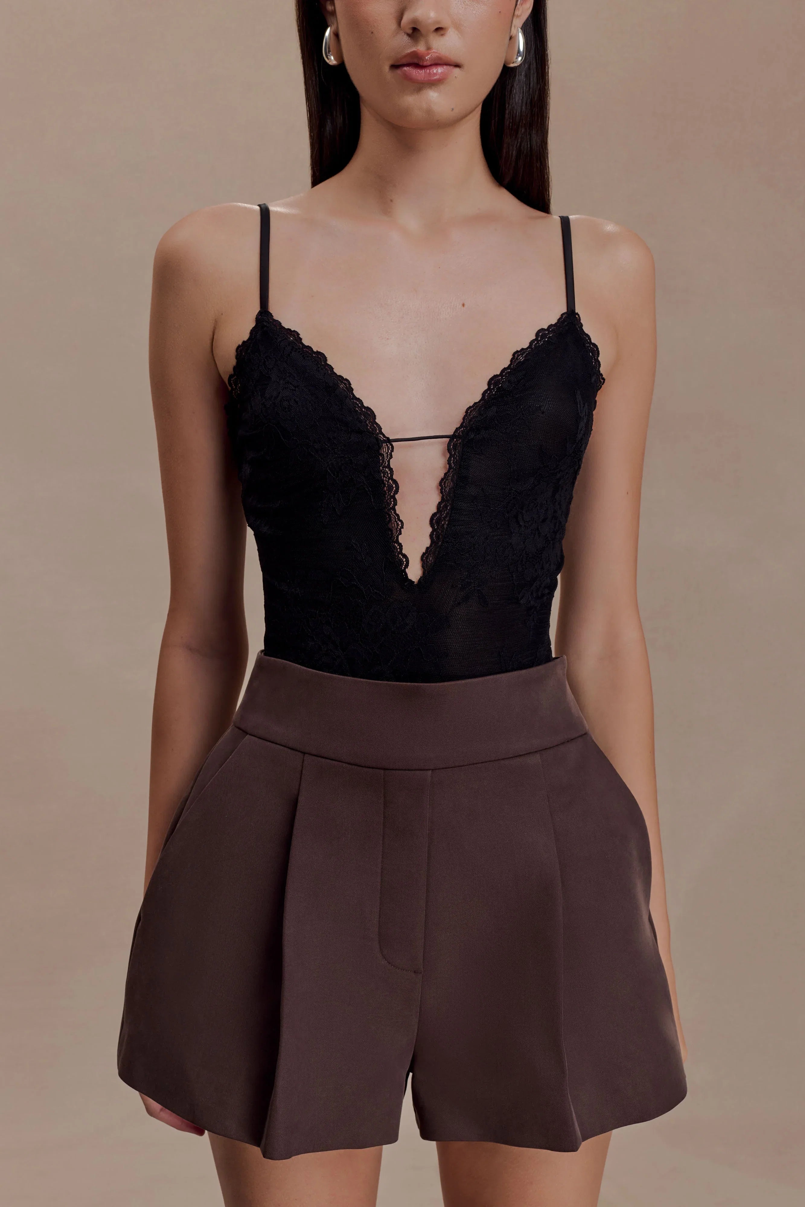 Jasper Sheer Plunge Lace Bodysuit Black