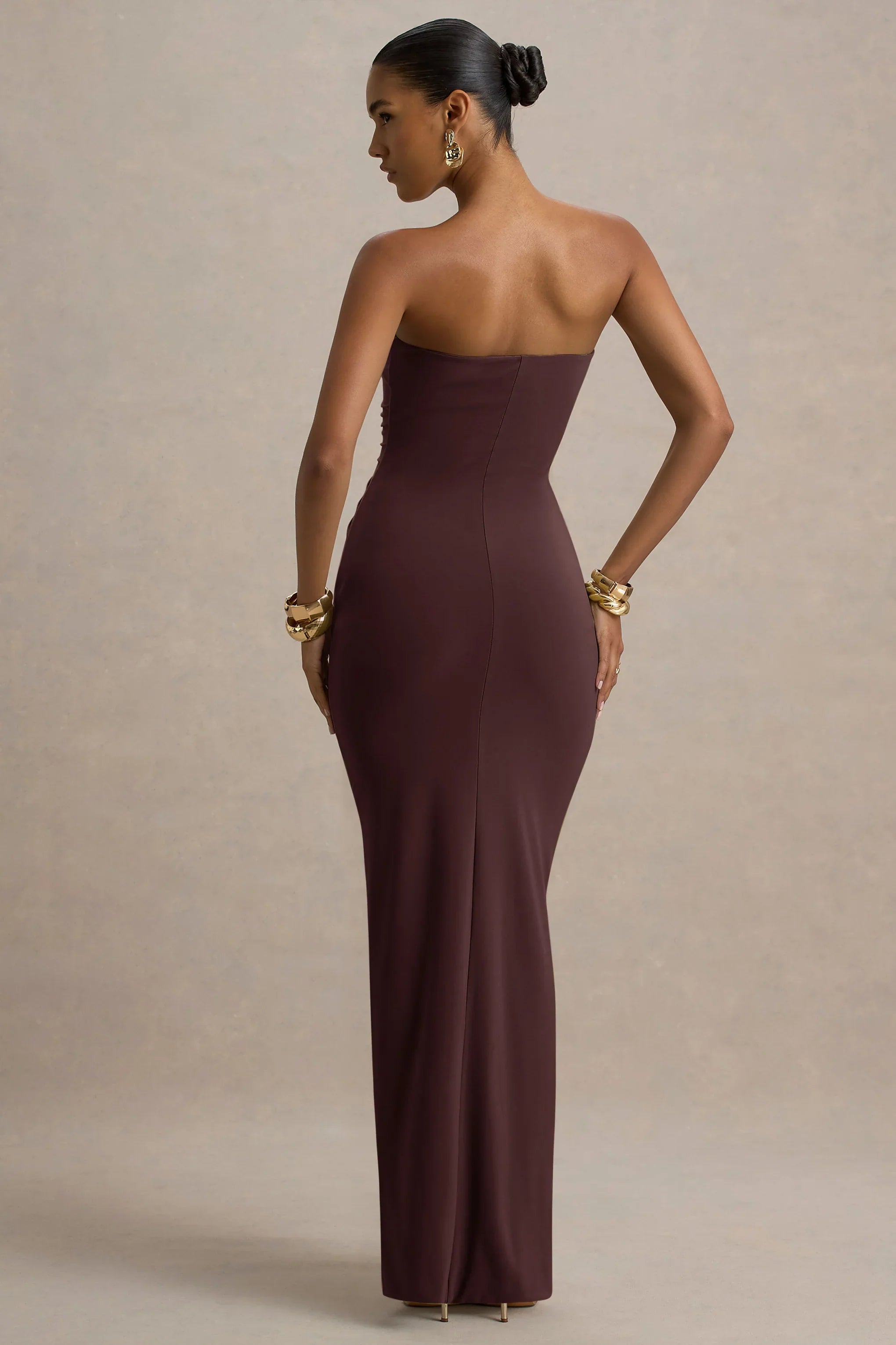 Ali Warm Brown Sweetheart Ruched Wrap Maxi Dress