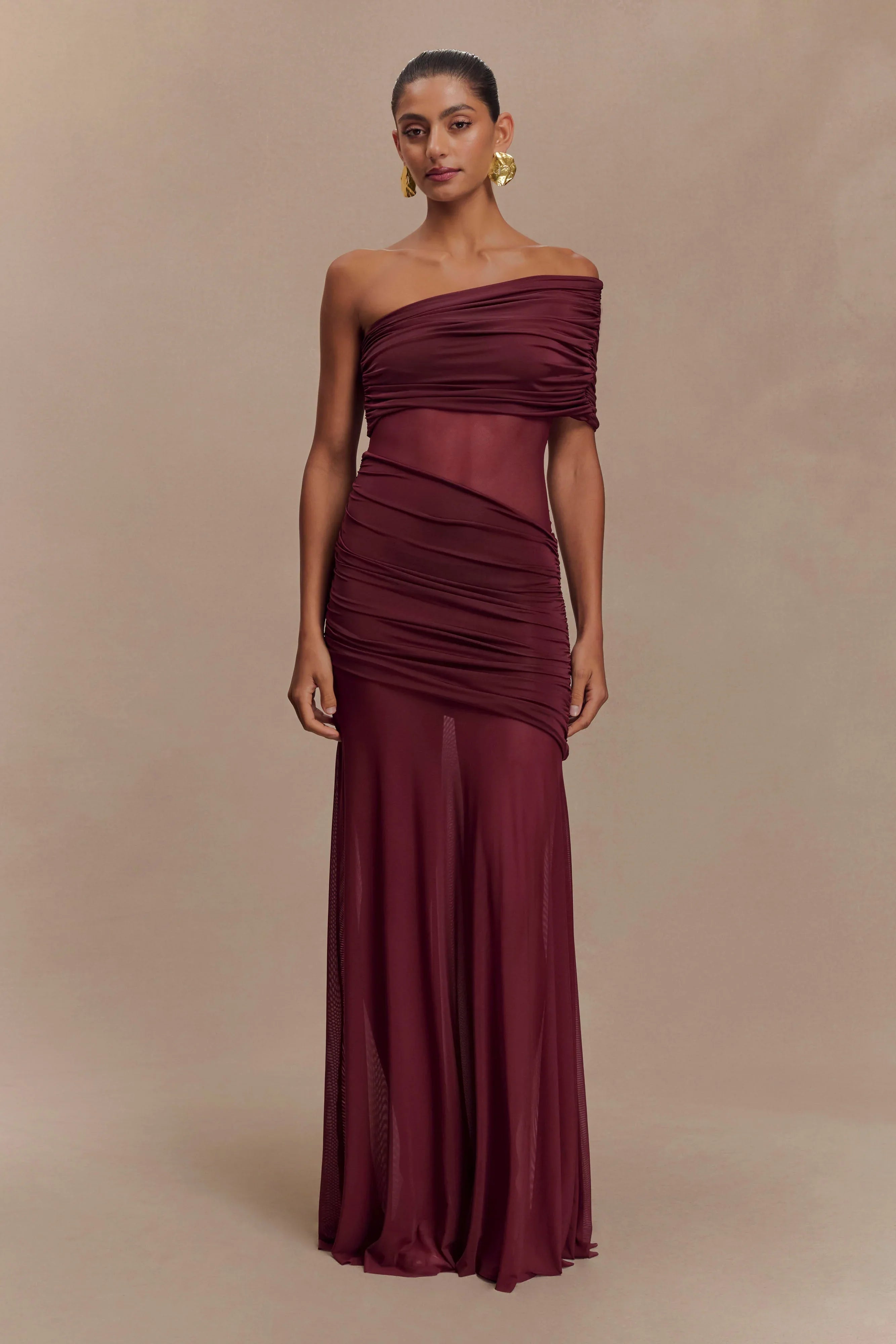 Dallas One Shoulder Mesh Maxi Dress Burgundy