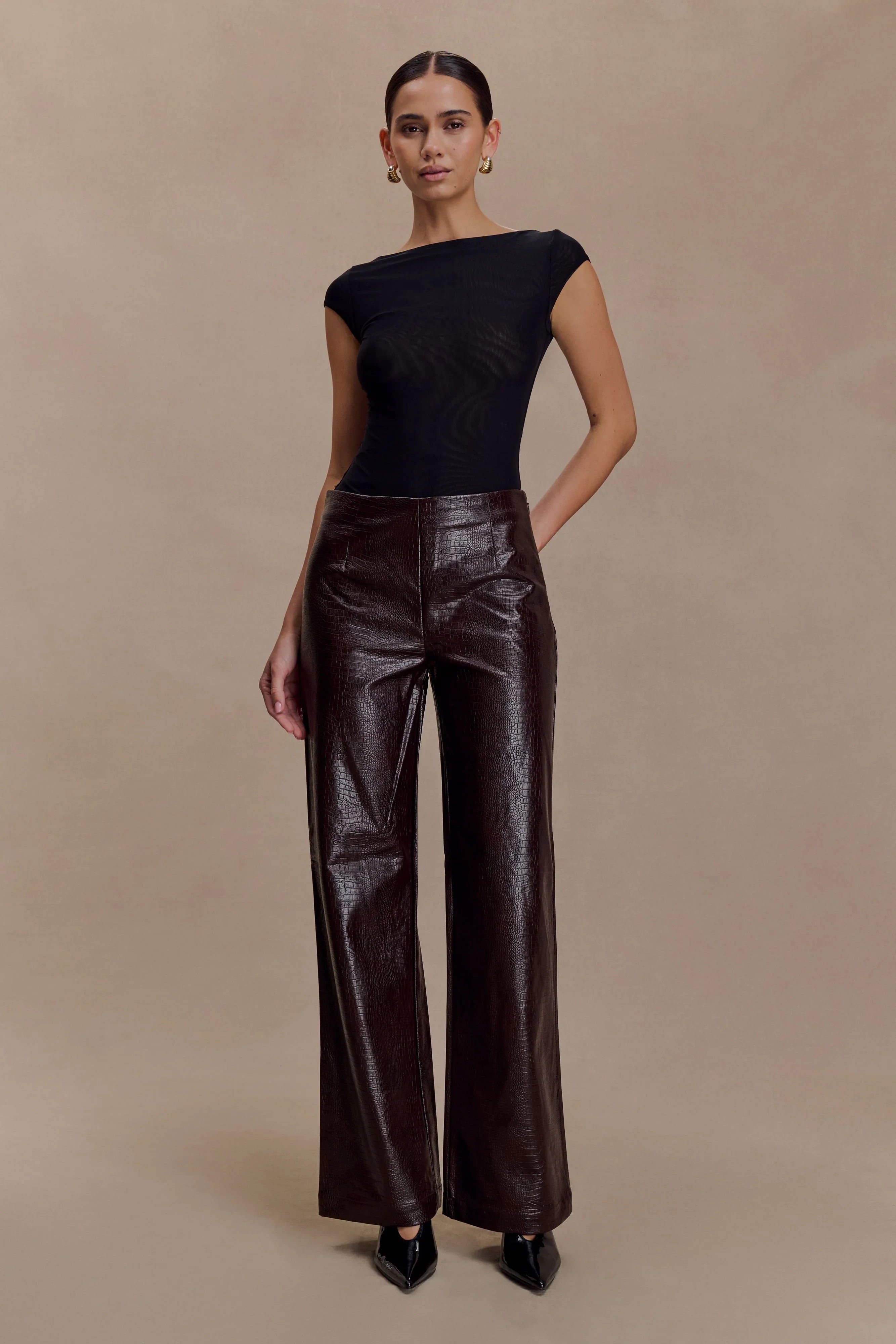 Henry Croc Faux Leather Straight Leg Pants Dark Chocolate
