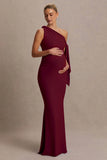 Orielle Burgundy Asymmetric Neck Maternity Maxi Dress With Knot Sleeve And Sash