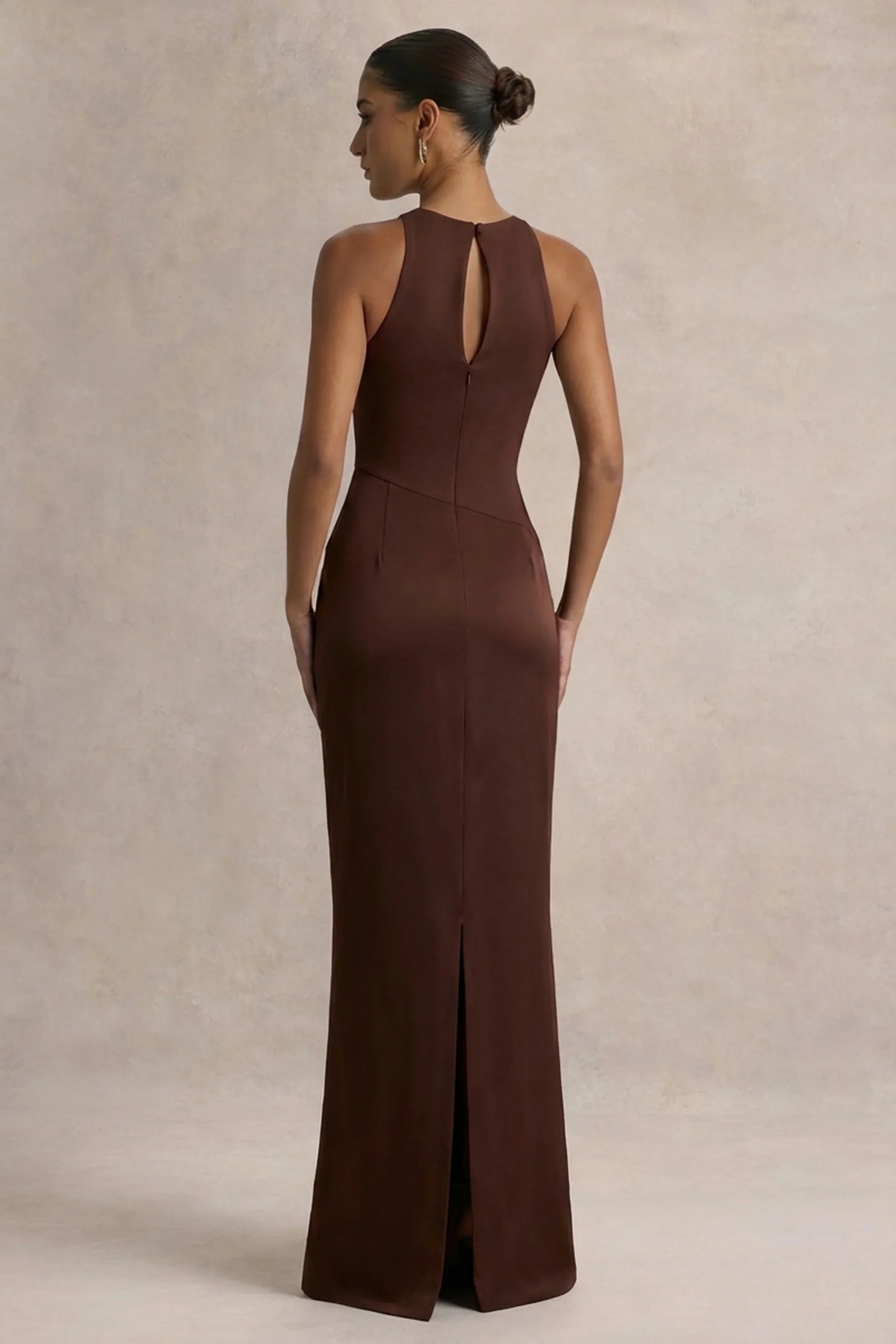 Akari Brown Crew Neck Maxi Dress With Satin Skirt
