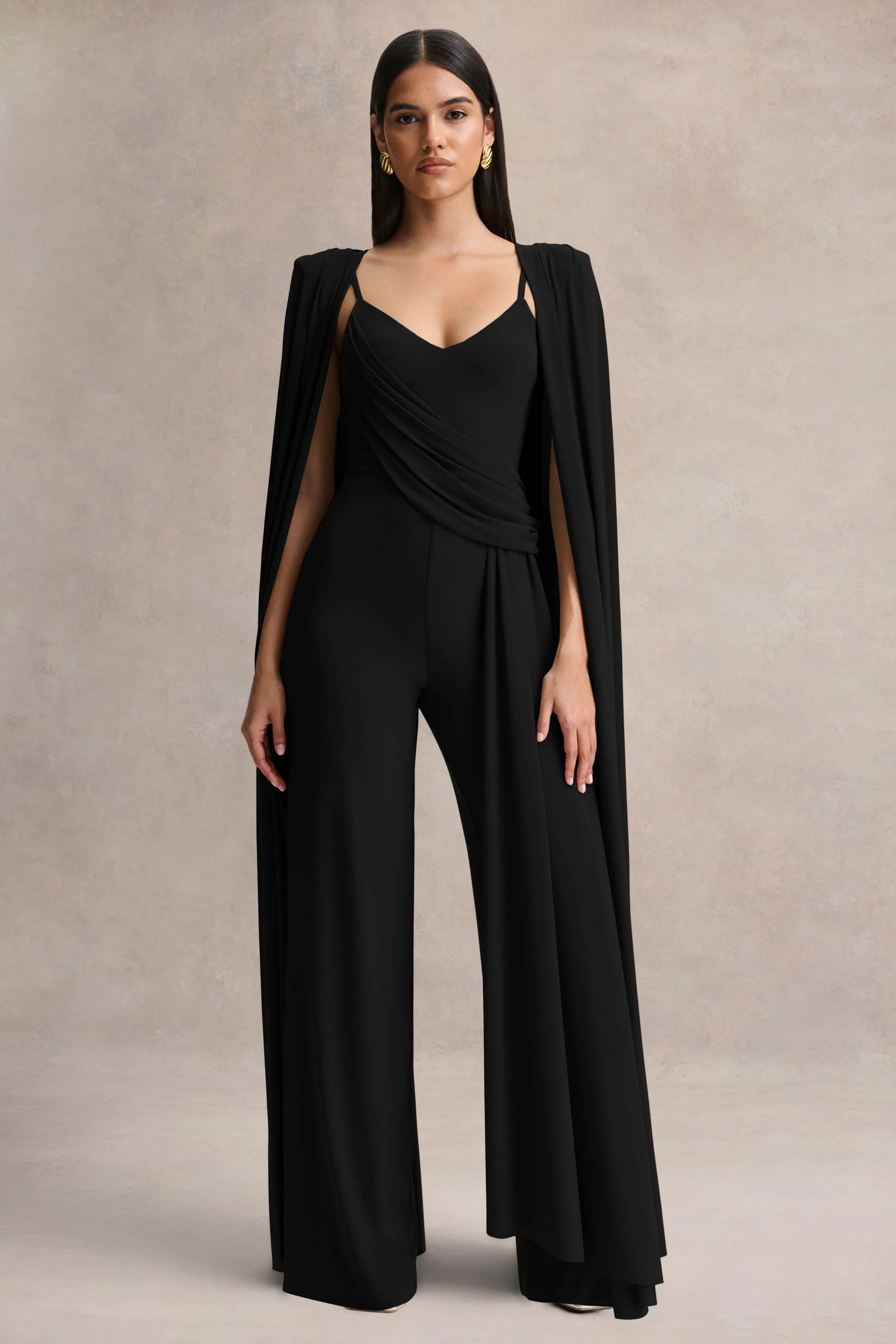 Labina Black Plunge Neck Jumpsuit With Cape Sleeves