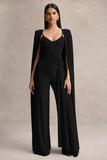 Labina Black Plunge Neck Jumpsuit With Cape Sleeves