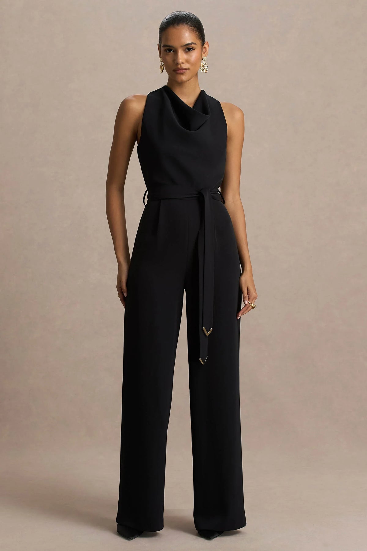 Corina Black Cowl Neck Jumpsuit With Tie Detail