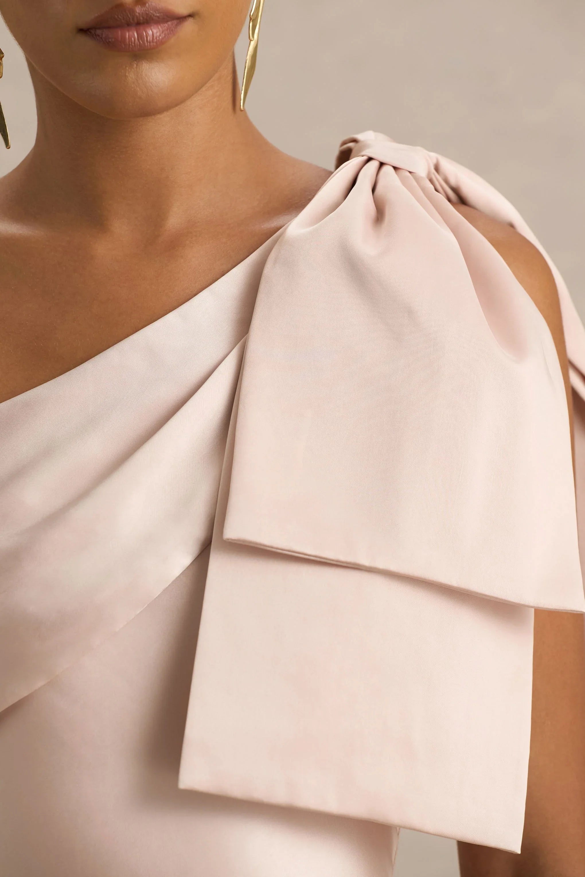 Valerie Light Pink Satin Asymmetric Neck Maxi Dress With Bow Detail