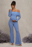 Count Down Powder Blue Maternity Ruched Mesh Bardot Jumpsuit
