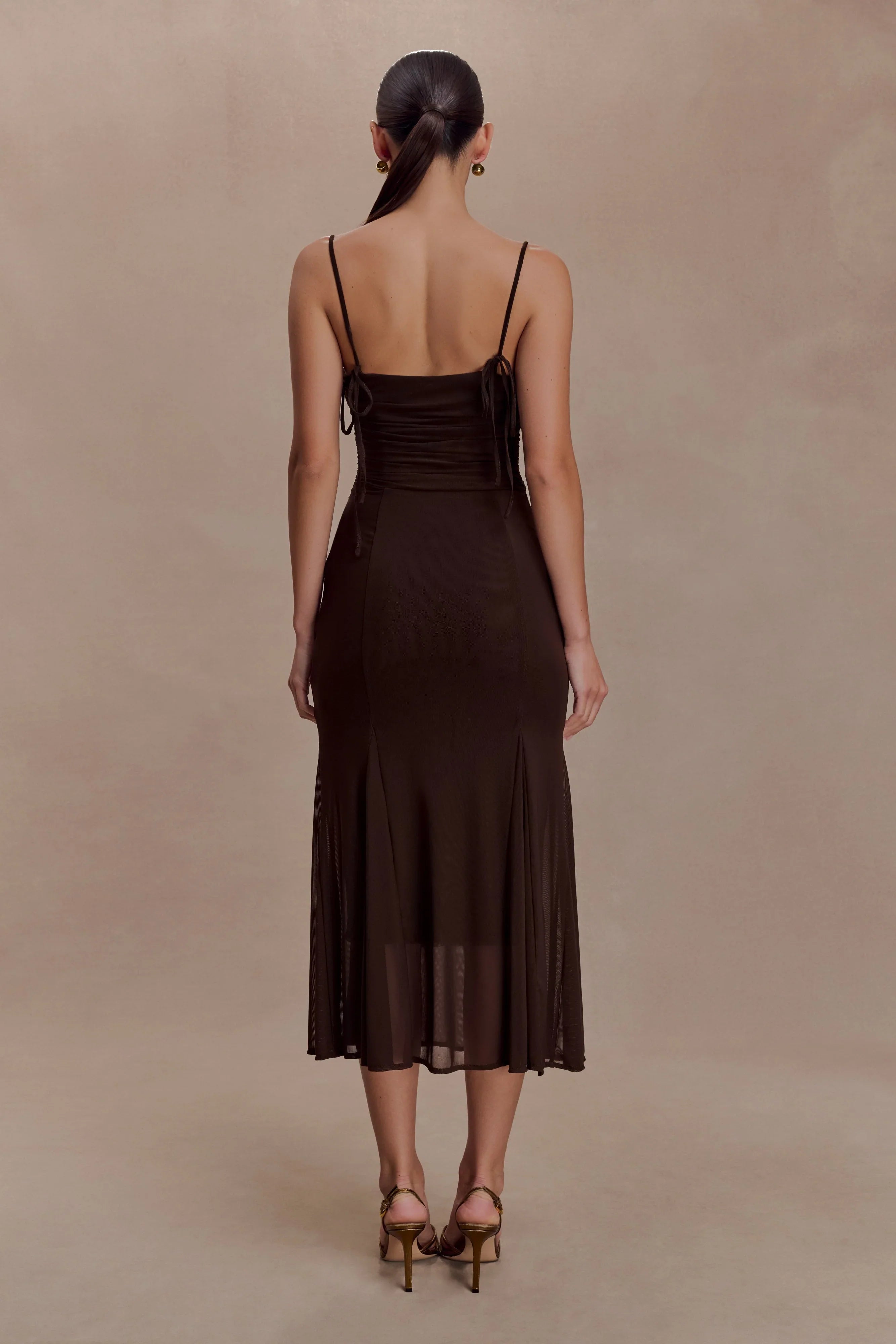 Willa Gathered Mesh Midi Dress Chocolate