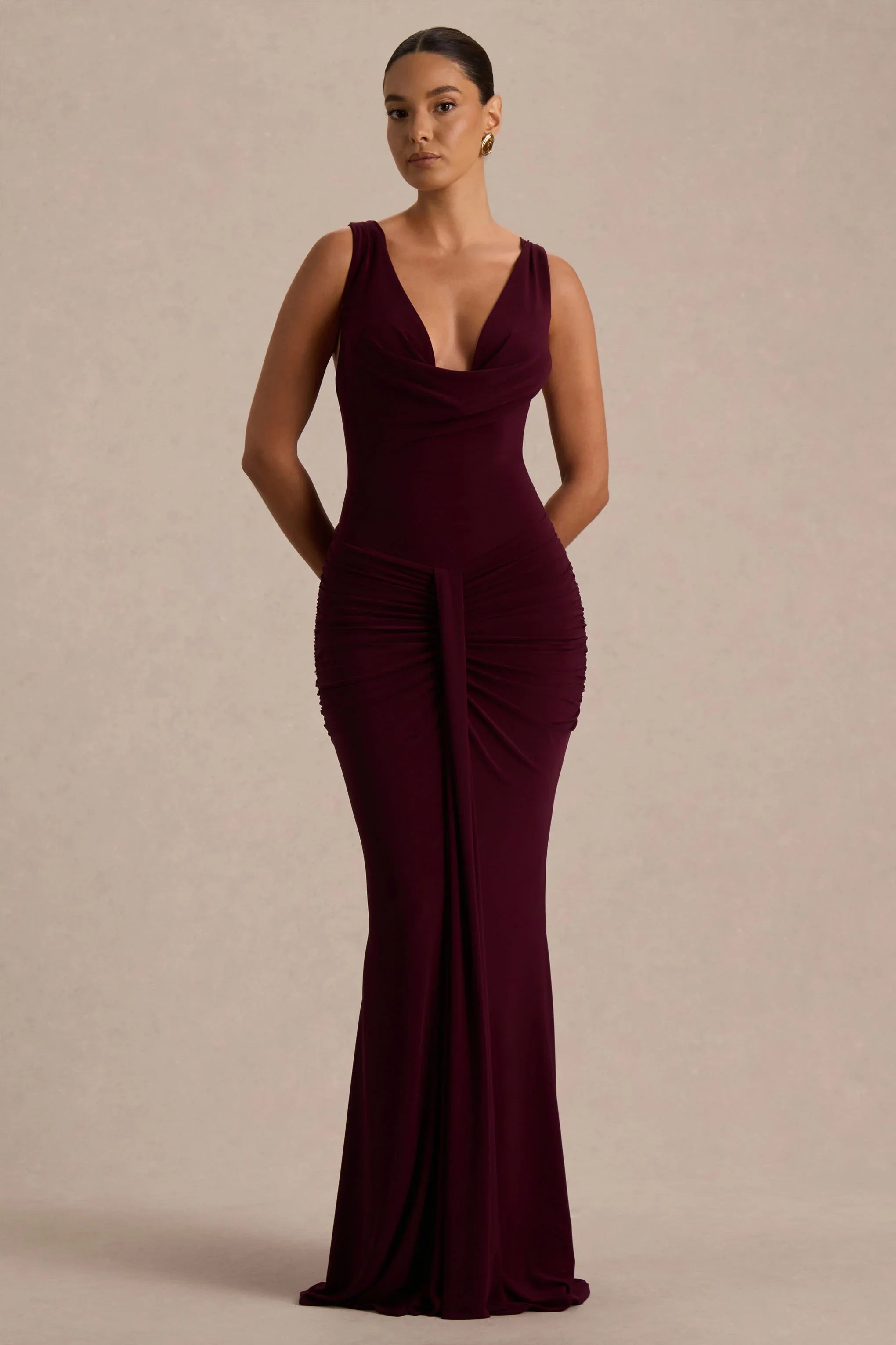 Mallie Burgundy Cowl Neck Maxi Dress With Open Back And Gathered Detailing