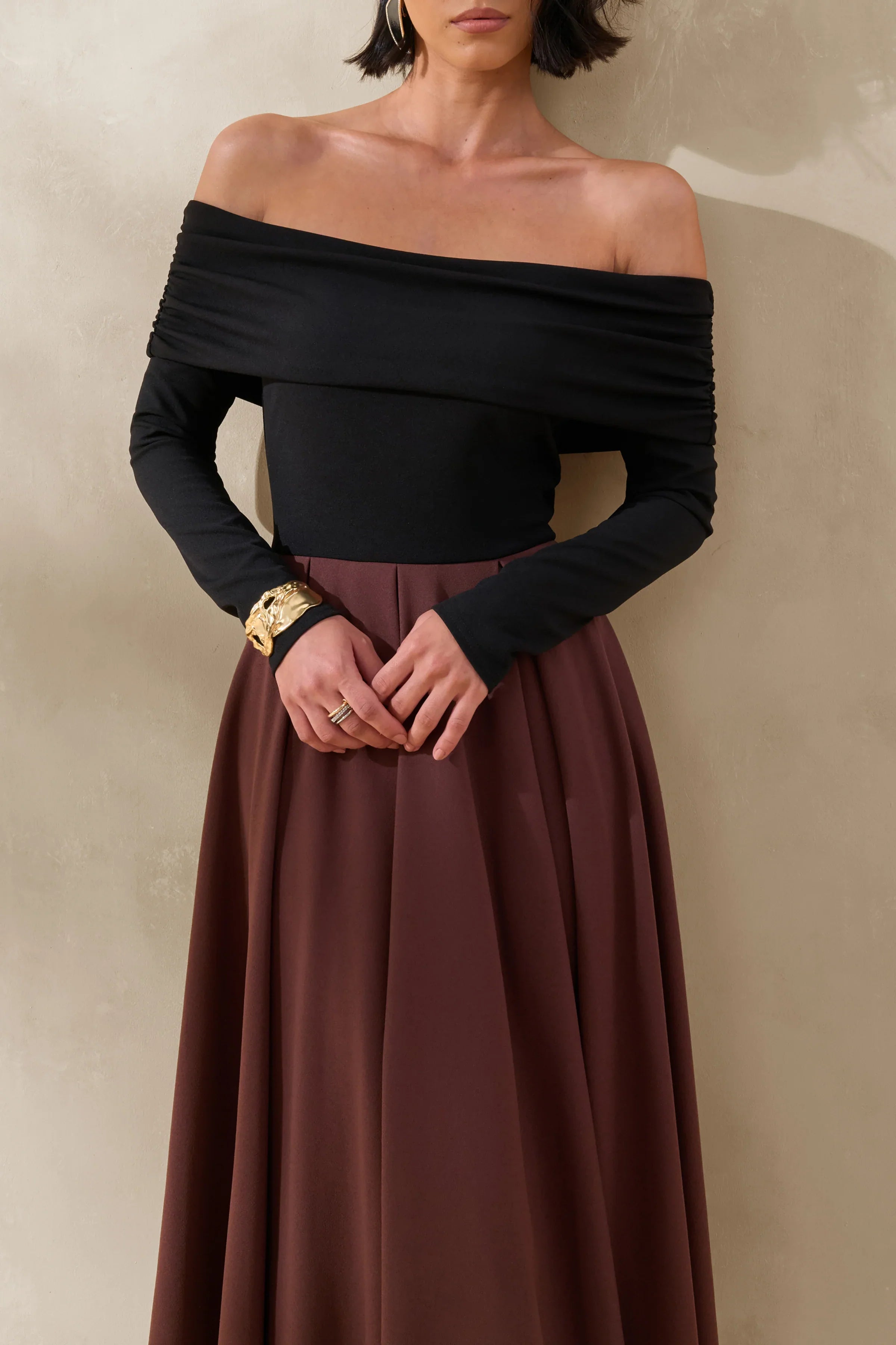 Frederica Black And Brown Bardot Neck Midi Dress