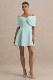 Faria Light Blue Short Sleeve Bardot Mini Dress With Bow Detail