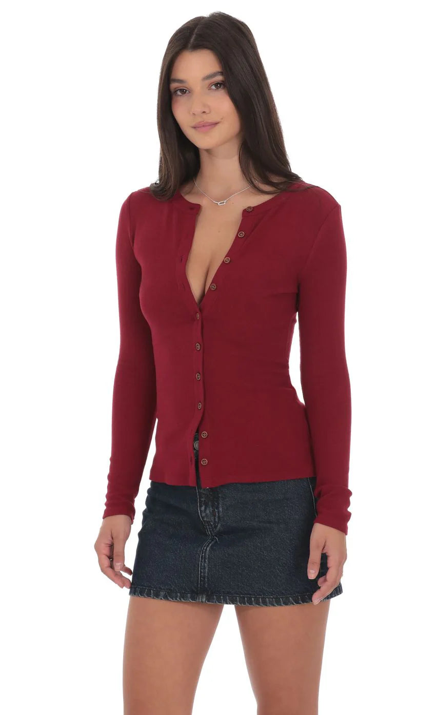Ribbed Long Sleeve Top in Maroon