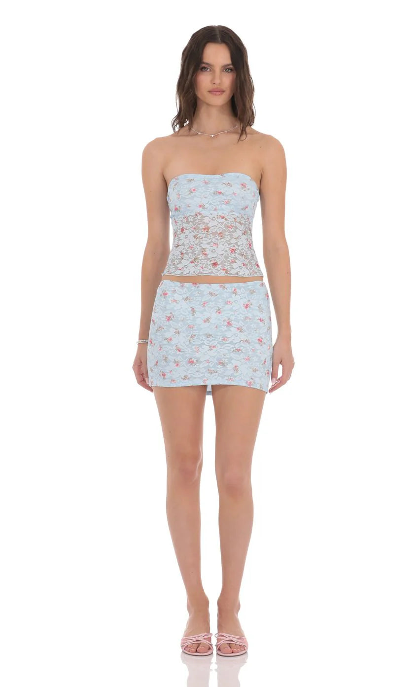 Floral Lace Bodycon Two Piece Set in Blue