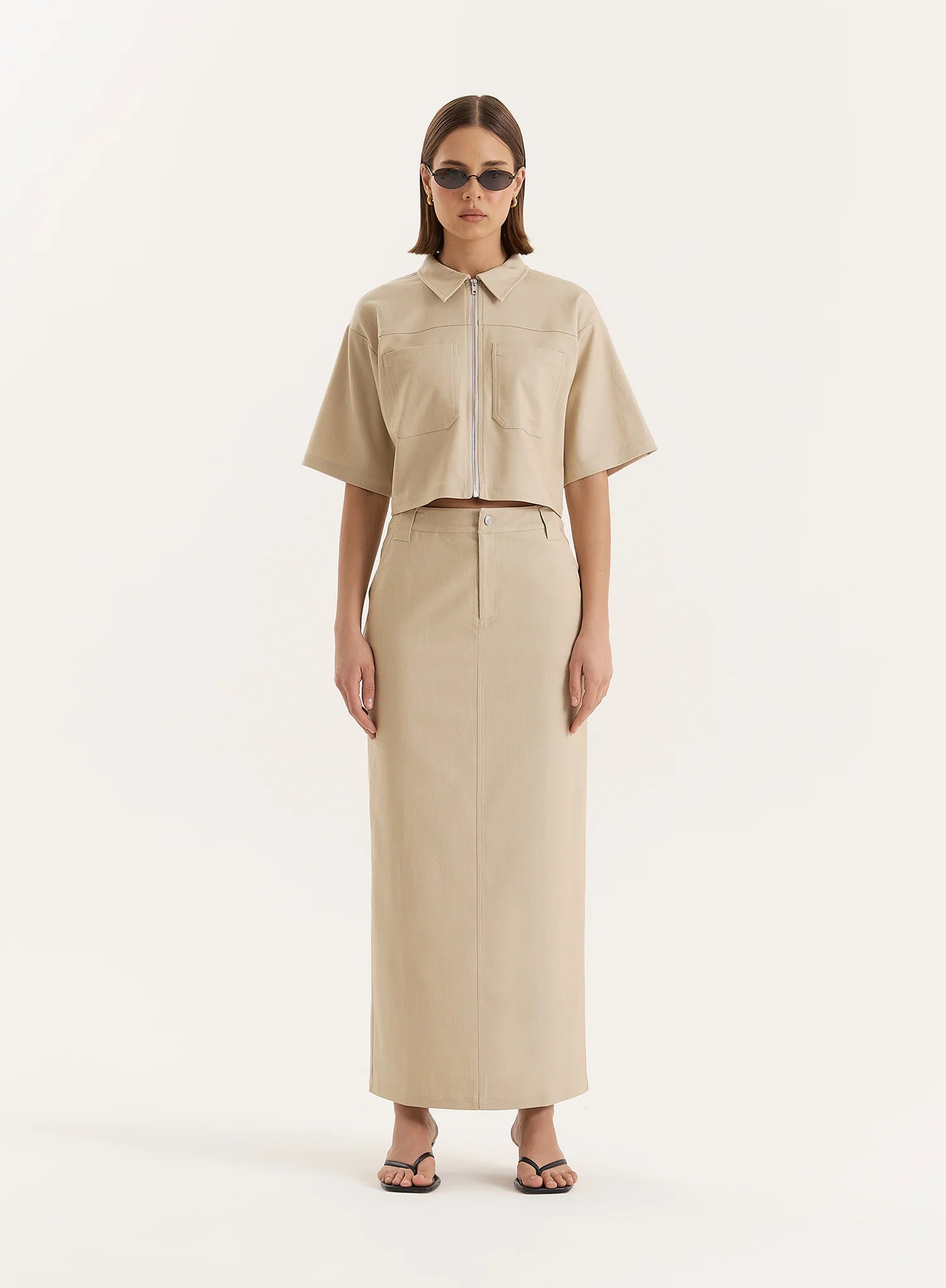 Beige Cropped Tailored Zip Through Shirt
