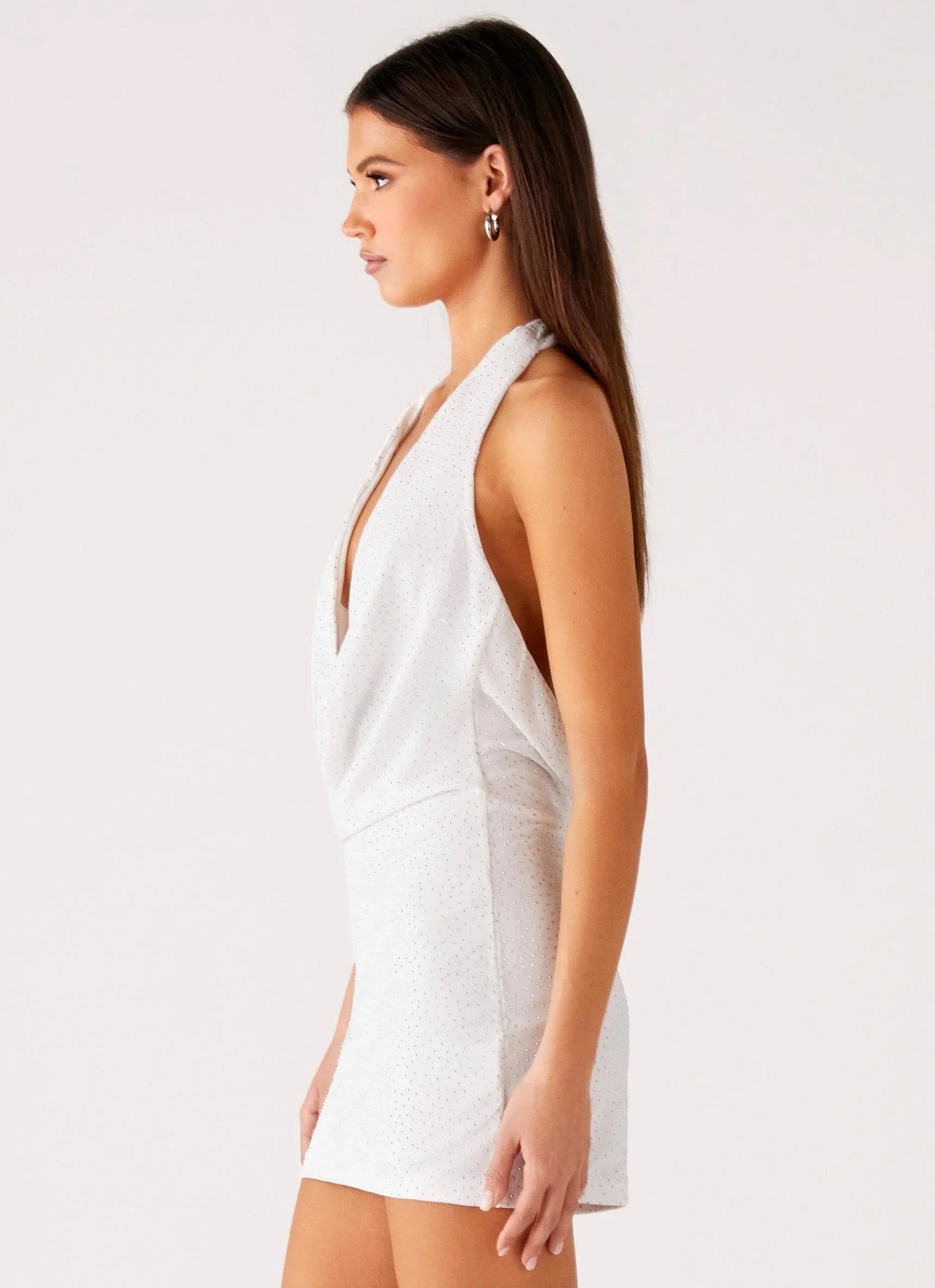 Back Cut Out Beaded Sequins Mini Dress Ivory