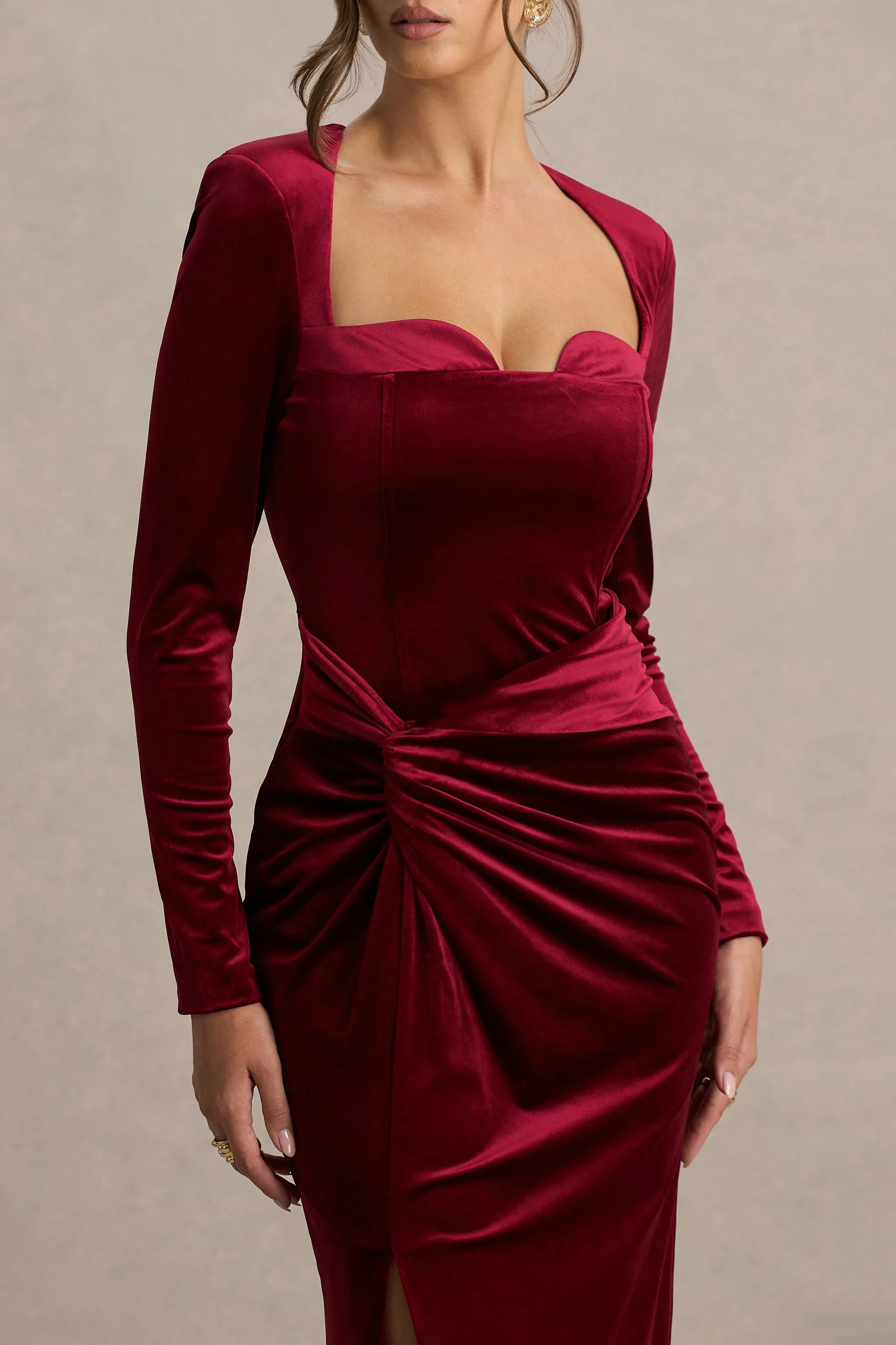 Fay Berry Velvet Corset Style Knot Maxi Dress