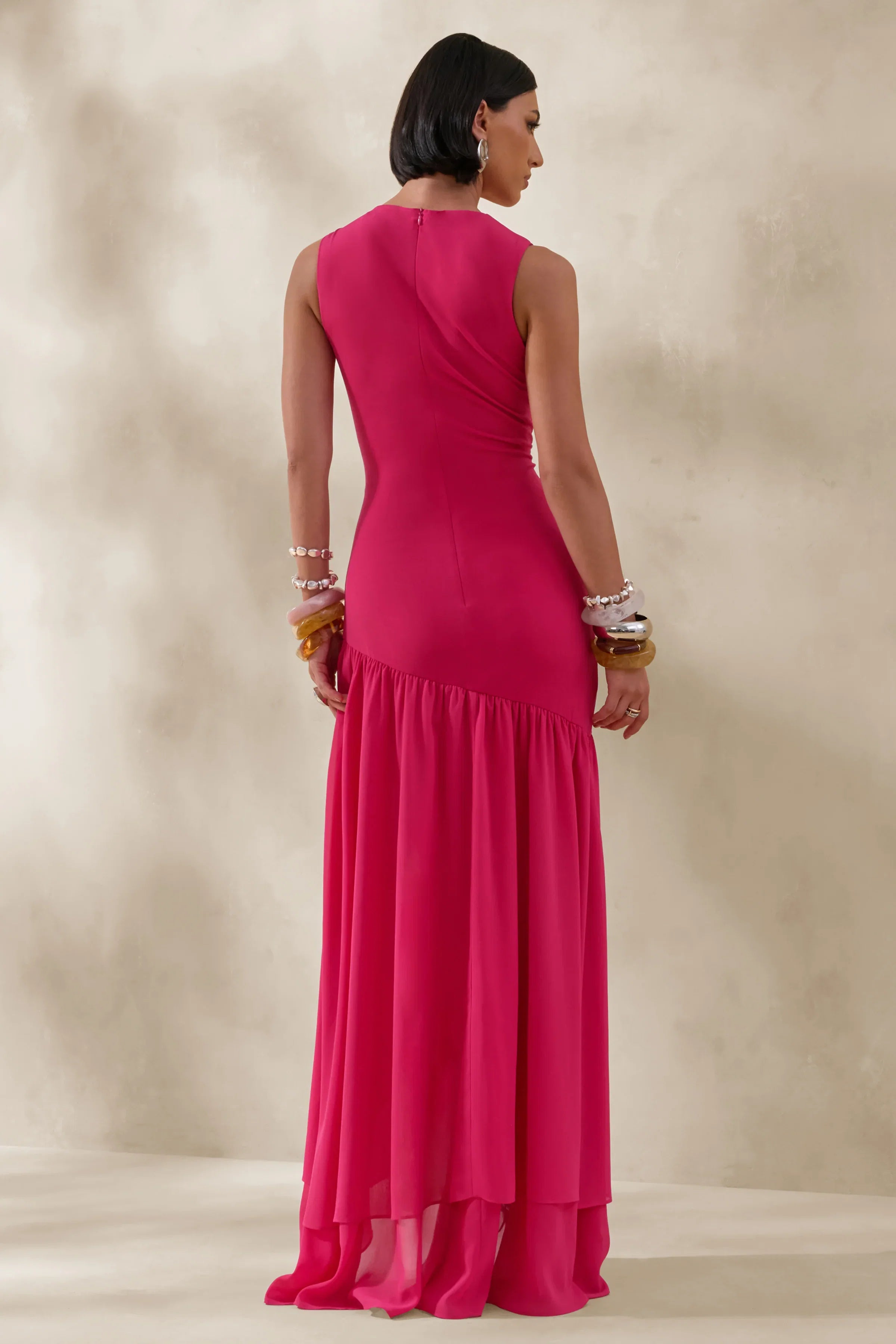 Noelia Hot Pink High Neck Maxi Dress With Ruffled Detailing