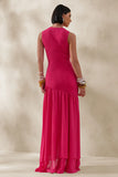 Noelia Hot Pink High Neck Maxi Dress With Ruffled Detailing