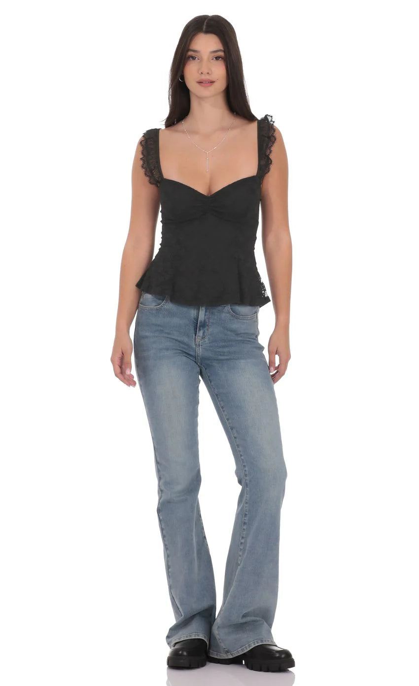 Lace Ruffle Strap Top in Black