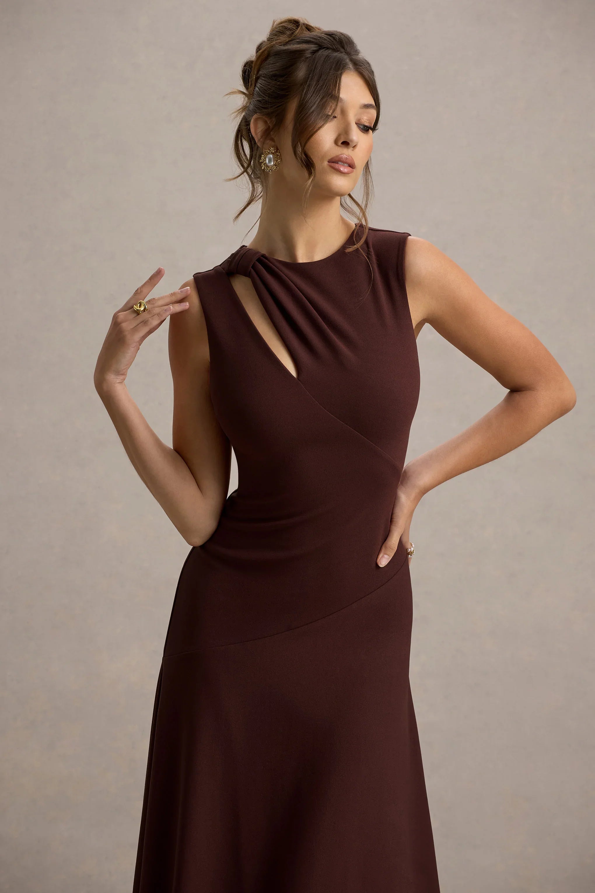 Francesca Brown Knotted Midi Dress With Handkerchief Hem