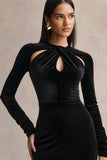 Francine Black Velvet Round Neck Midi Dress With Cut Out Details