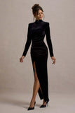Jaz Black Velvet High Neck Gathered Split Maxi Dress