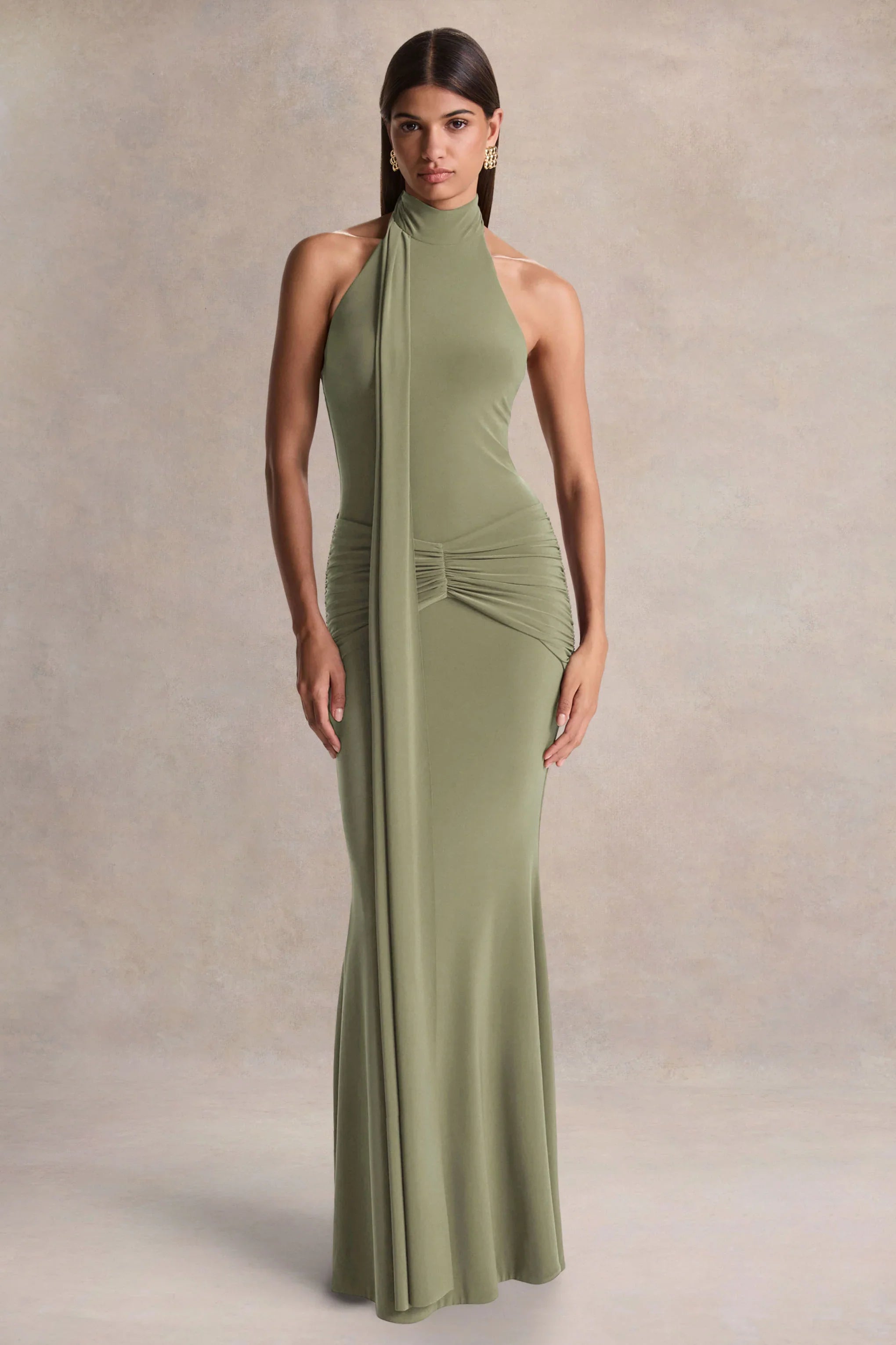 Hyla Green High Neck Maxi Dress With Sash Detail
