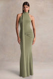 Hyla Green High Neck Maxi Dress With Sash Detail