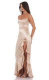 Satin Ruffle Maxi Dress in Champagne