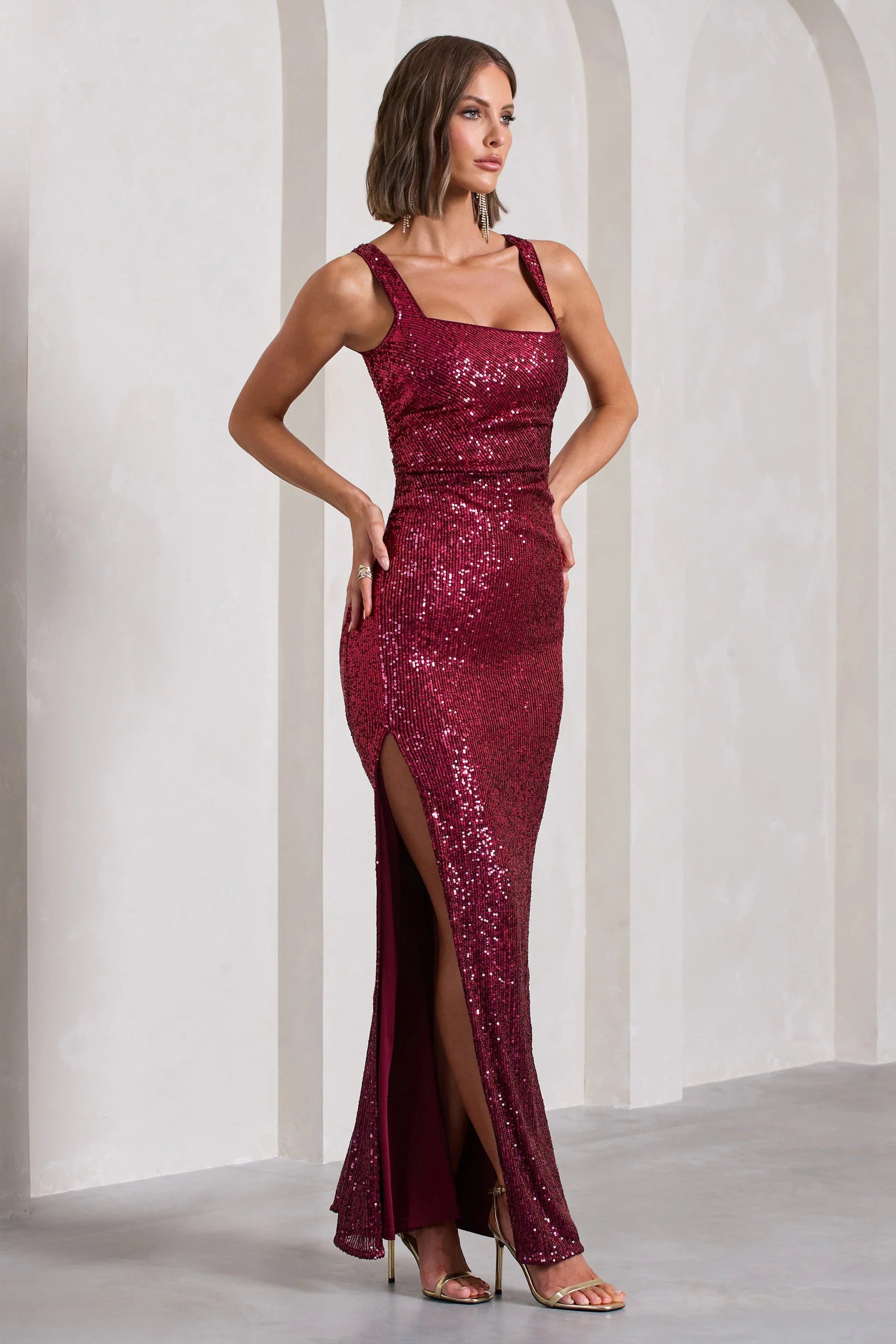 Yvonne Plum Sequin Open Back Bodycon Maxi Dress