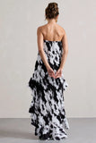 Whistler Monochrome Floral Chiffon Bandeau High Low Ruffled Maxi Dress