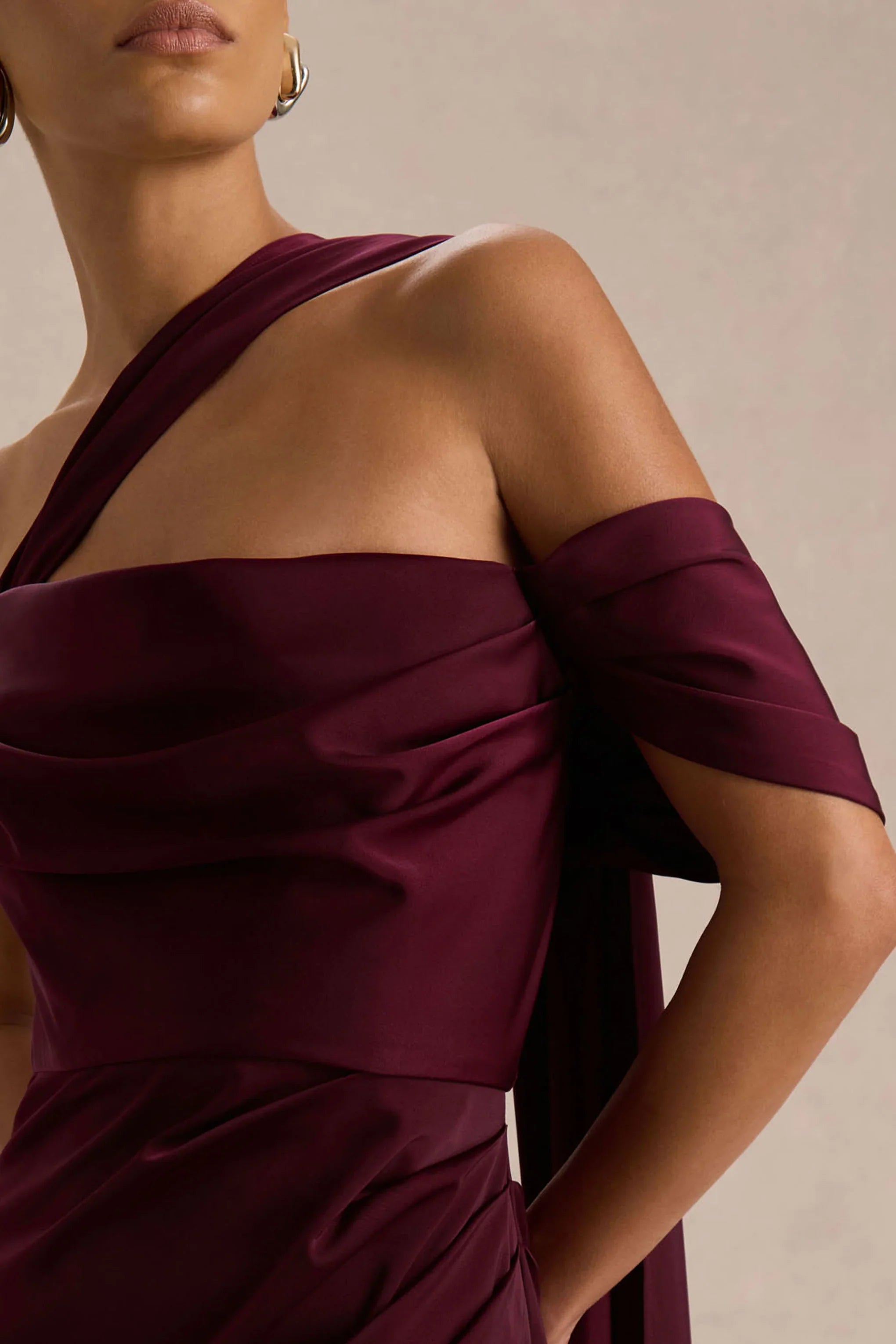 Yazmin Burgundy Satin Asymmetric Maxi Dress With One Sleeve Cape