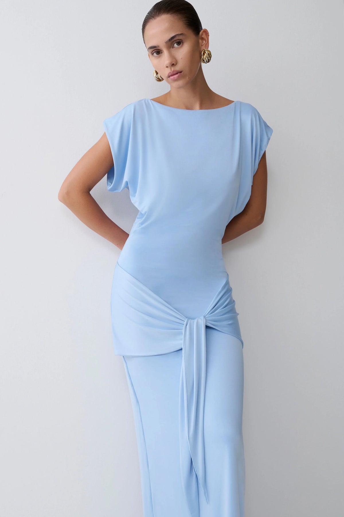 Maiara Shortsleeve Slinky Tie Maxi Dress Sea Blue