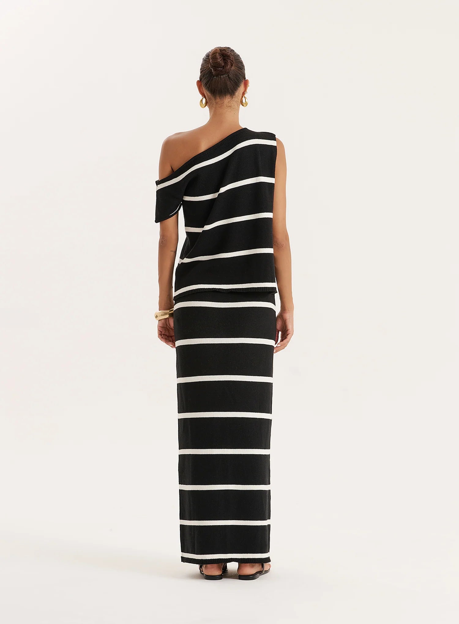 Black And White Stripe Knitted Off The Shoulder Top