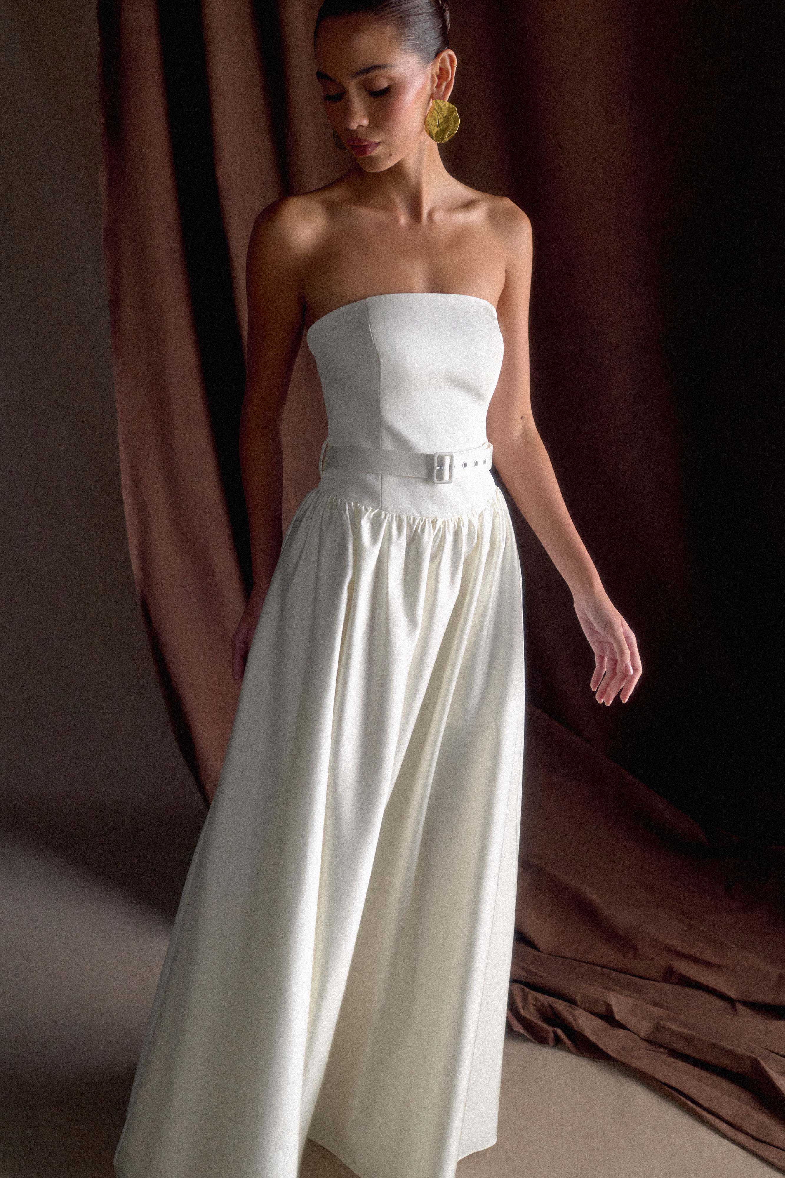 Florence Strapless Belted Maxi Dress White