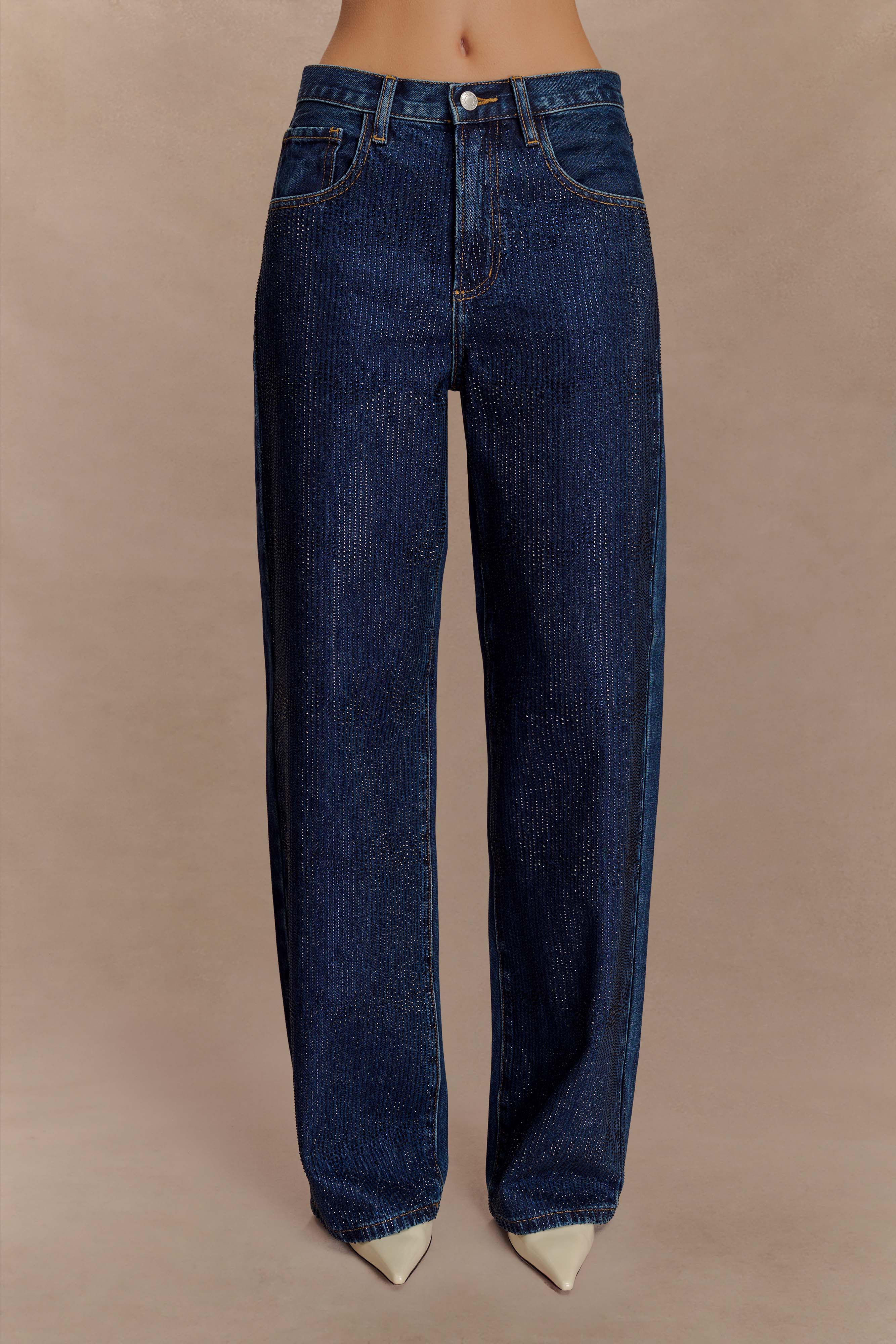 Laina Mid Rise Diamante Denim Jeans Midnight Blue