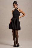 Klytie Black Halter Neck Mini Dress With Puff Ball Skirt