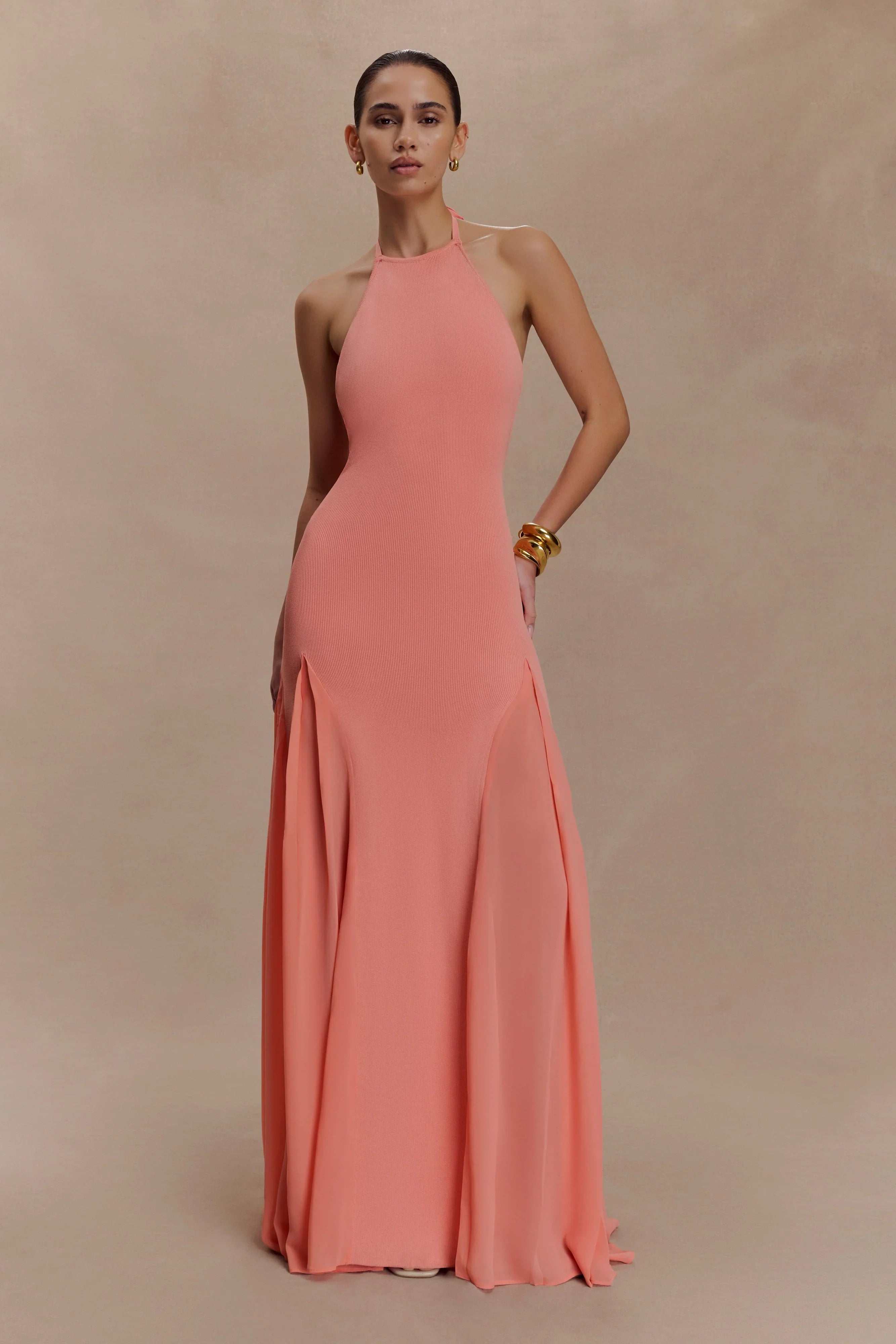 Soleil Knit And Mesh Halter Maxi Dress Coral