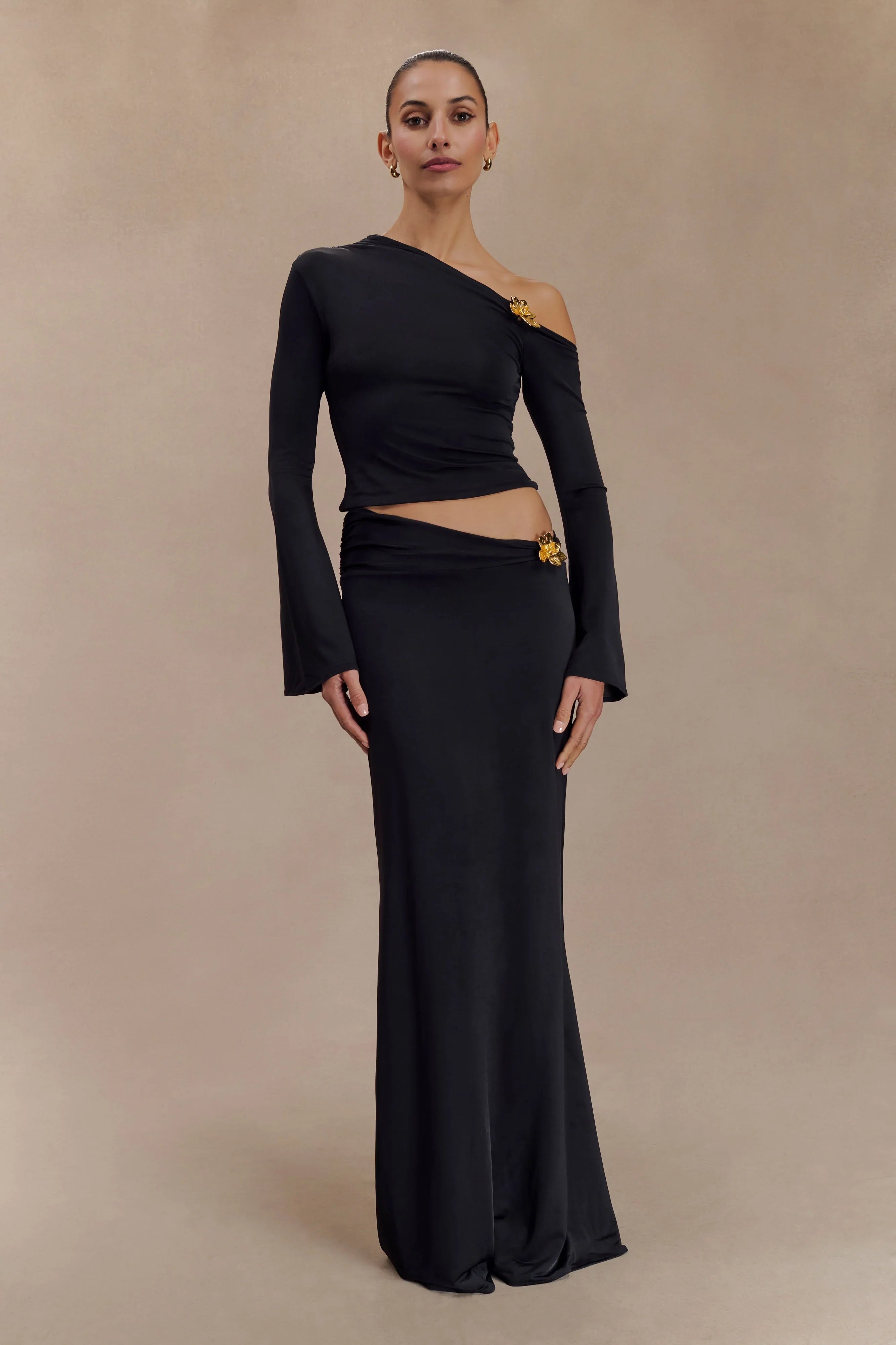 Ainsley Asymmetrical Maxi Skirt With Floral Hardware Black