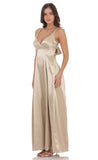 Satin V Neck Fit and Flare Maxi Dress in Gold