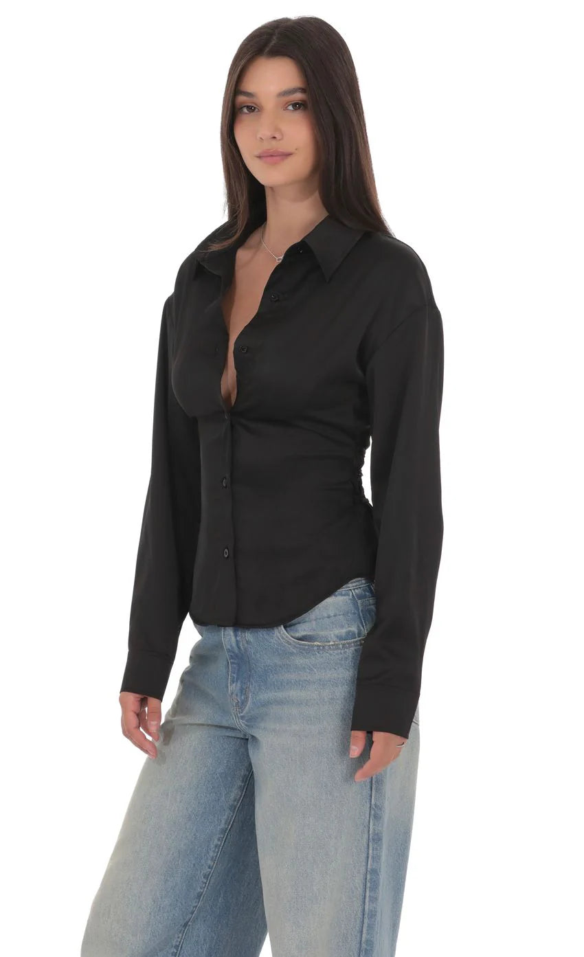 Satin Button Up Shirt in Black