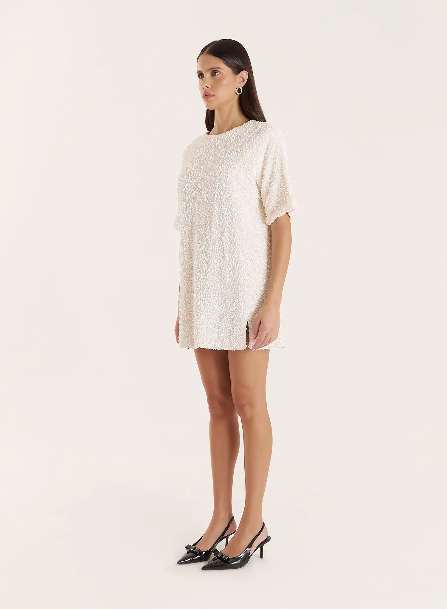 Cream Sequin Bow Tie Back Mini Dress