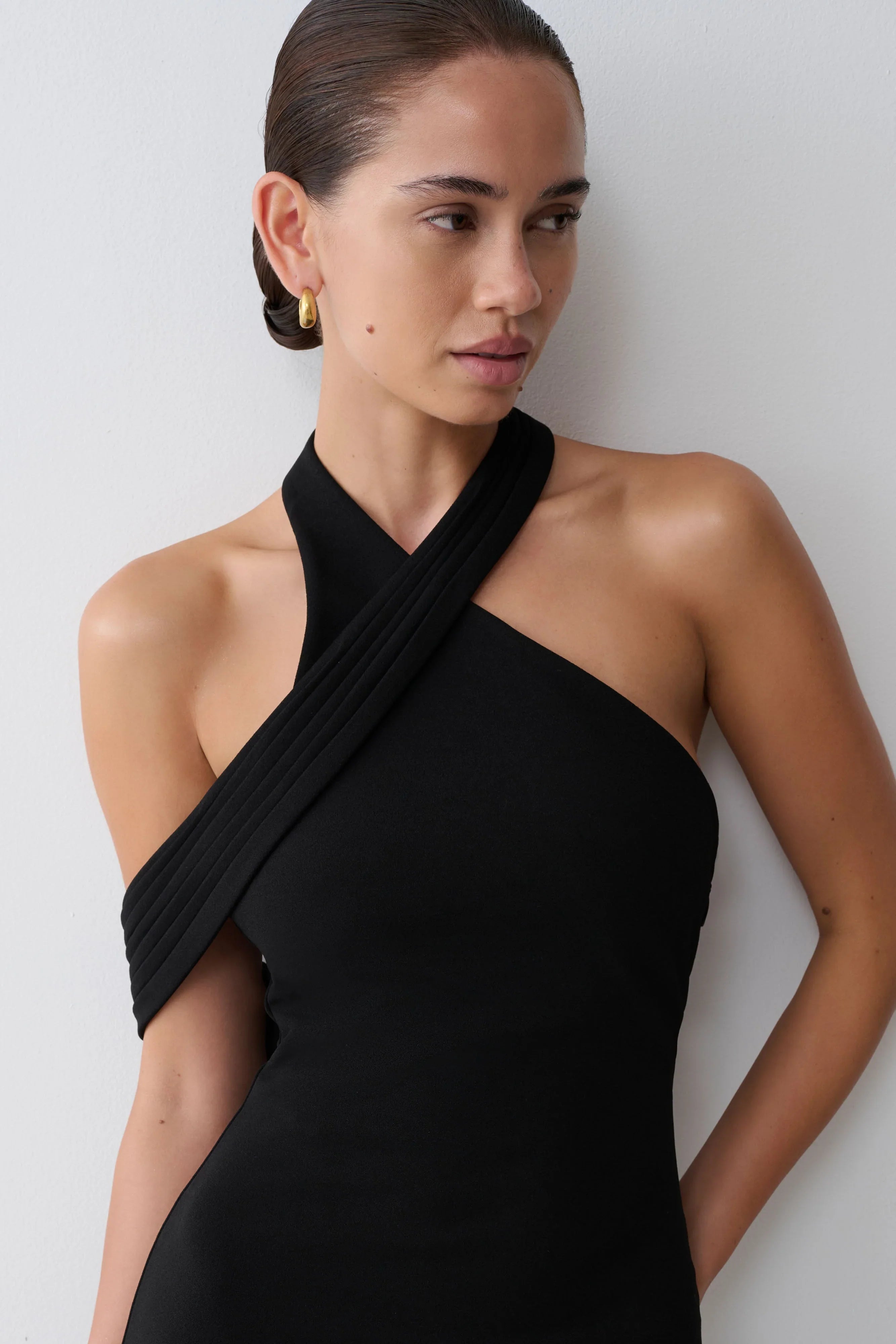 Sable Crossover Crepe Midi Dress Black