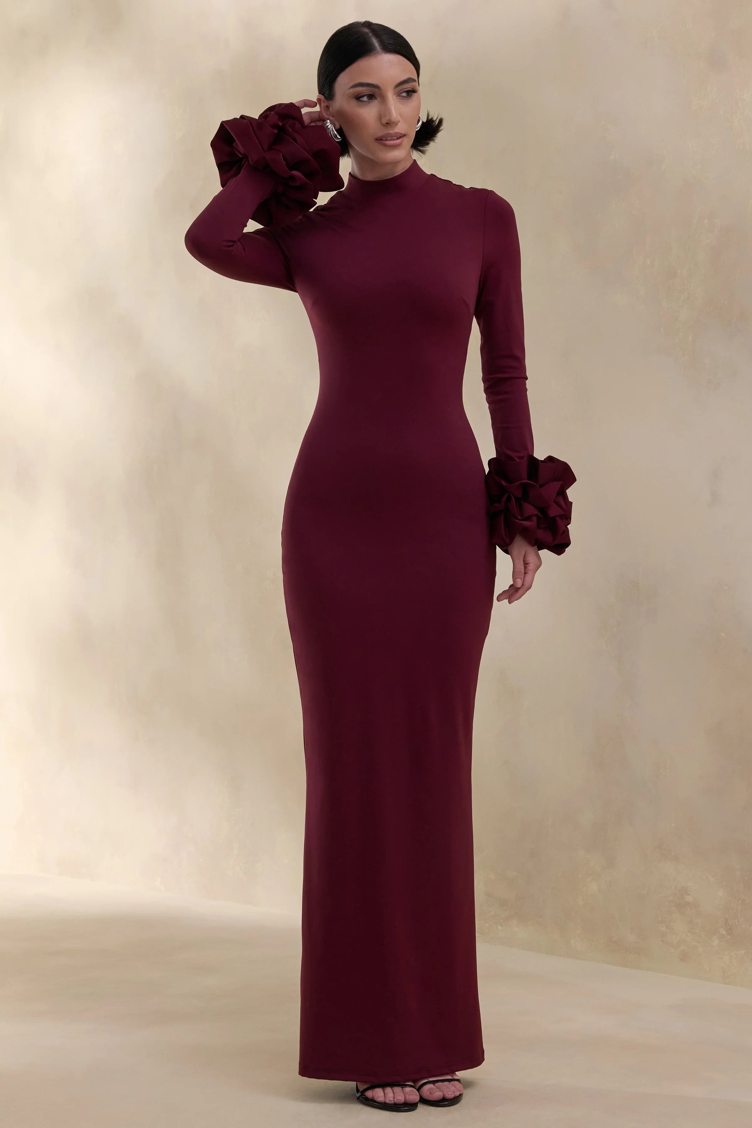 Jaselle Dark Plum High Neck Maxi Dress With Ruffled Satin Cuffs