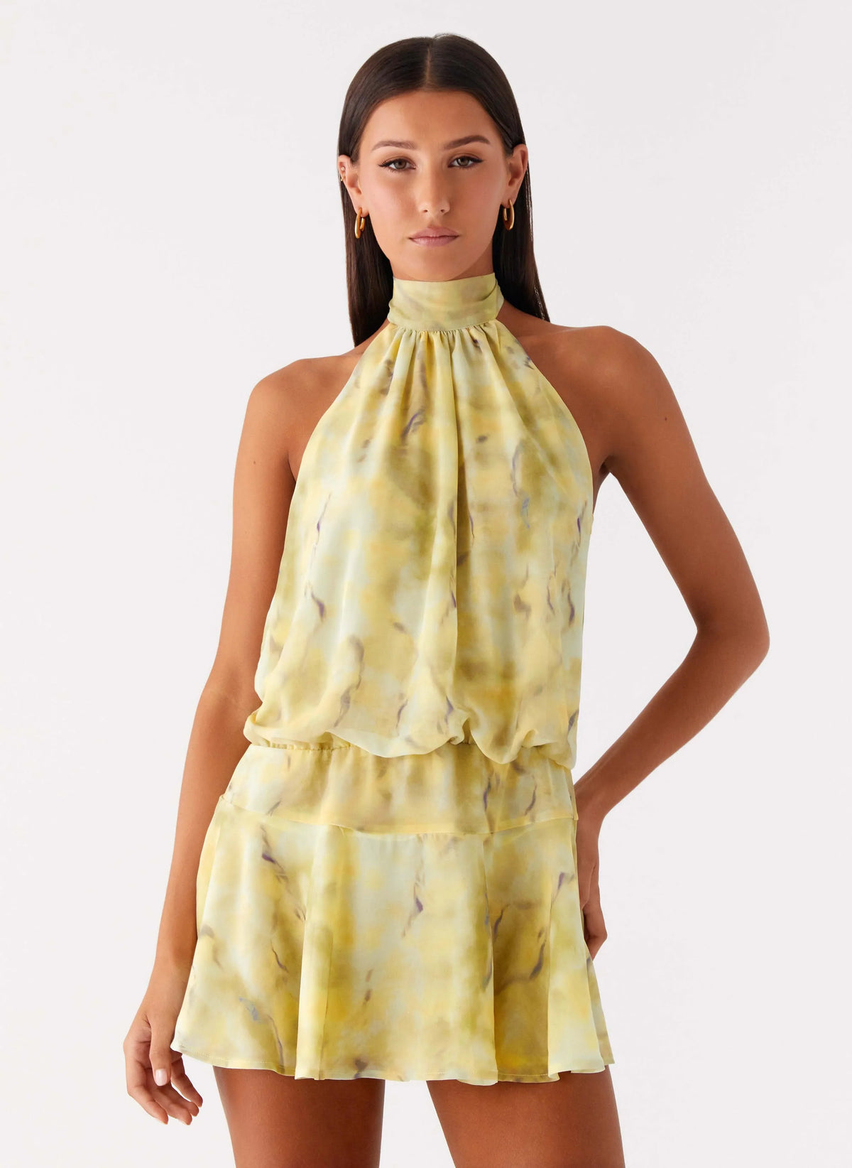 First Date Halter Mini Dress Yellow Tie Dye