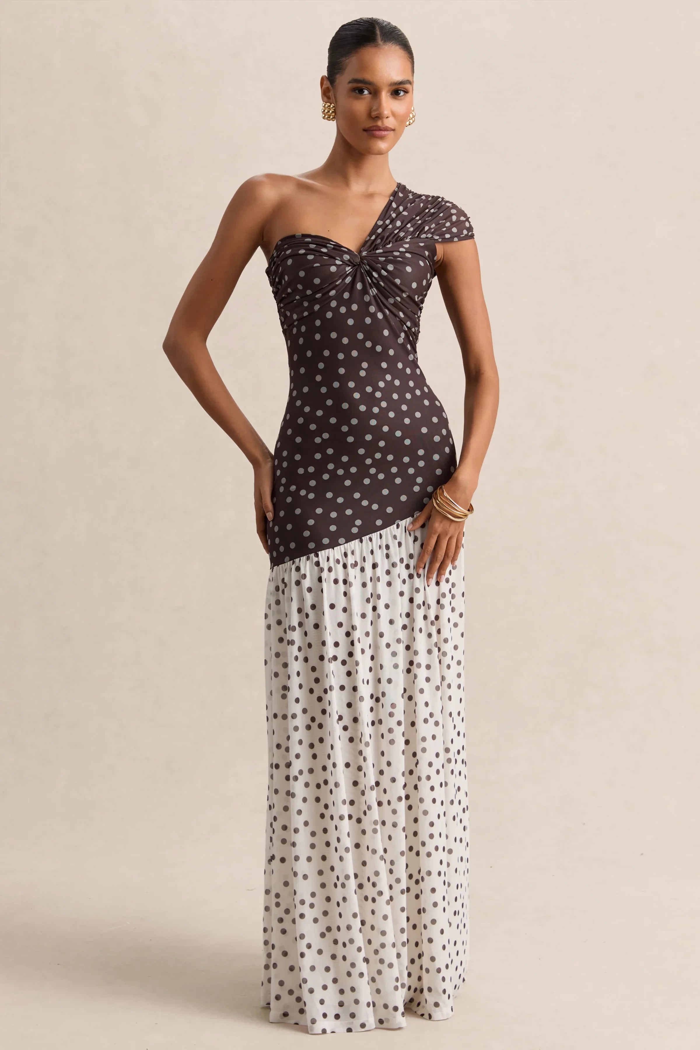 Motira Brown Polka Dot Asymmetric Neck Maxi Dress With Asymmetric Drop Waist