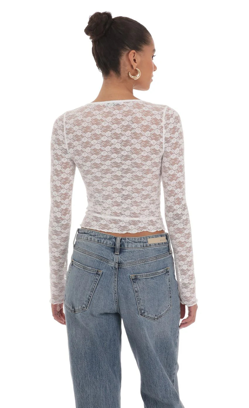 Long Sleeve Lace Top in White