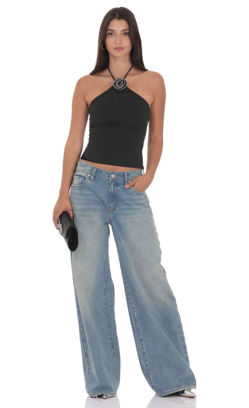 Rhinestone Rose Top in Black