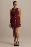 Belony Dark Plum Crew Neck Mini Dress With Button Detailing