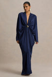 Tina Navy Satin Plunge Neck Embellished Maxi Dress